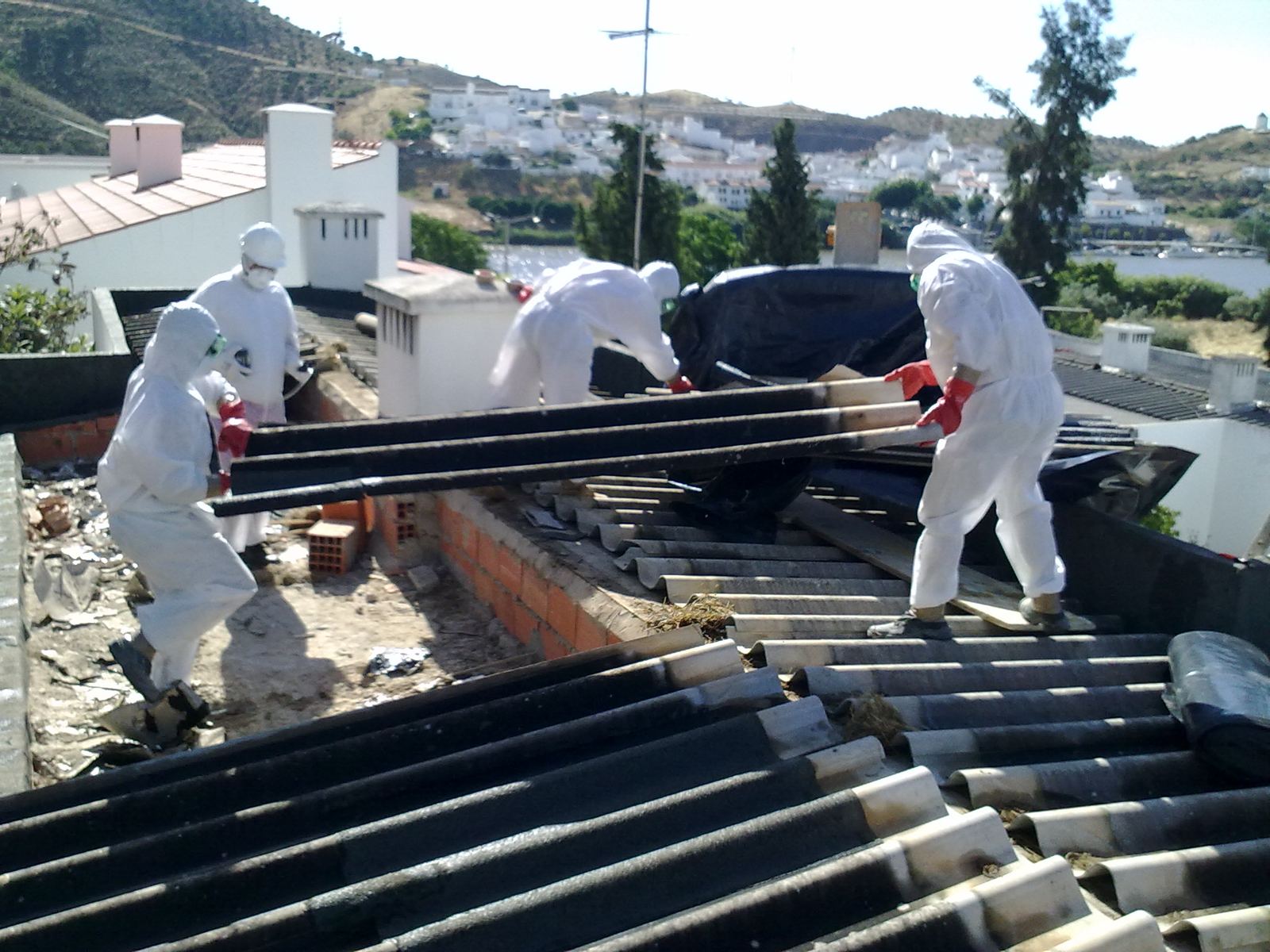Equipa em EPI a remover cobertura em fibrocimento